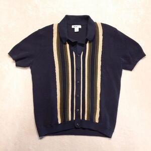 William Rast Mens Botton Down Polo Shirt Large Blue Stripe Knitted Cotton